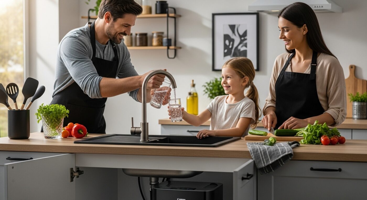 under-sink water purifier, healthy family kitchen, clean drinking water