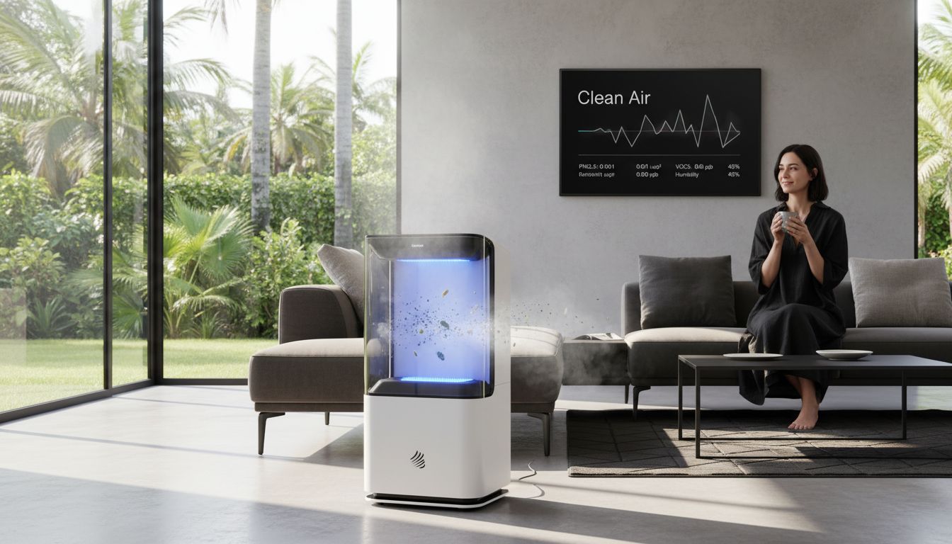 Living room with air purifier emitting blue UV light