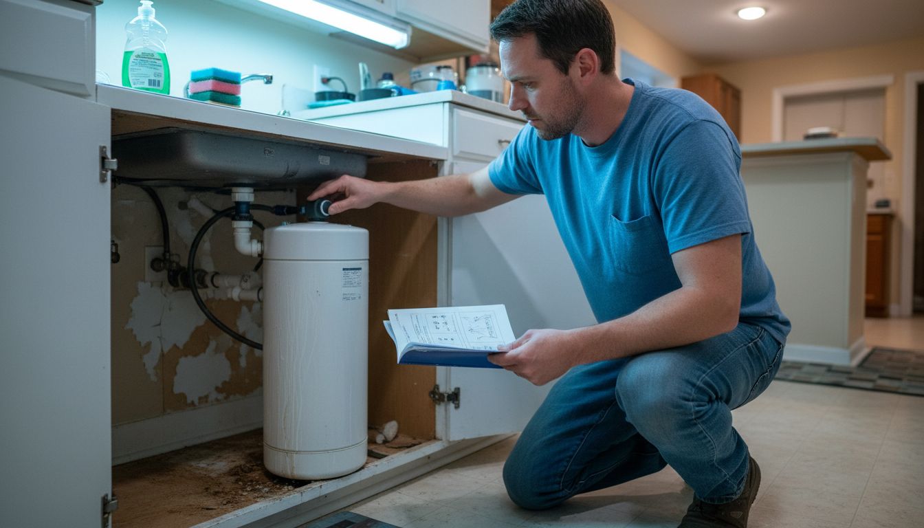 Man adjusting water softener in kitchen