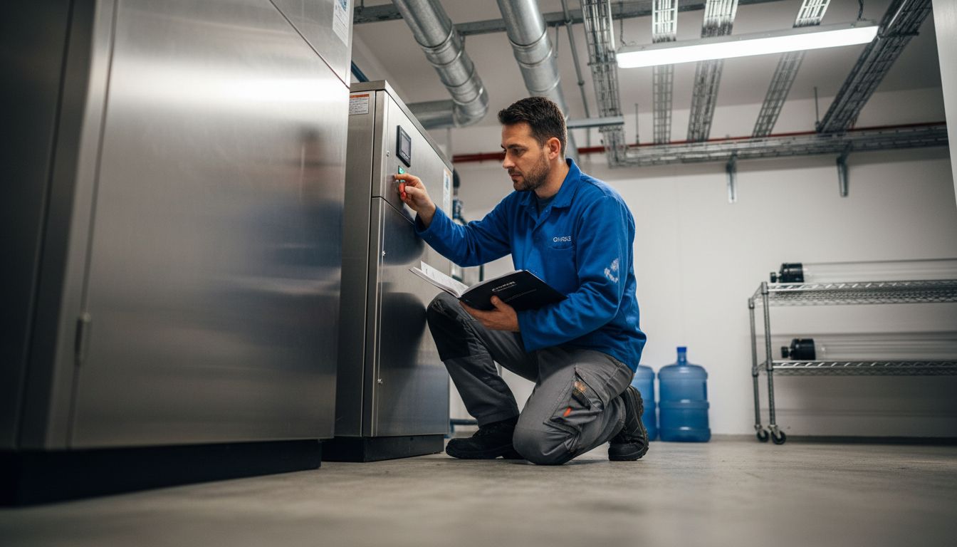 Technician installing UV water purifier unit