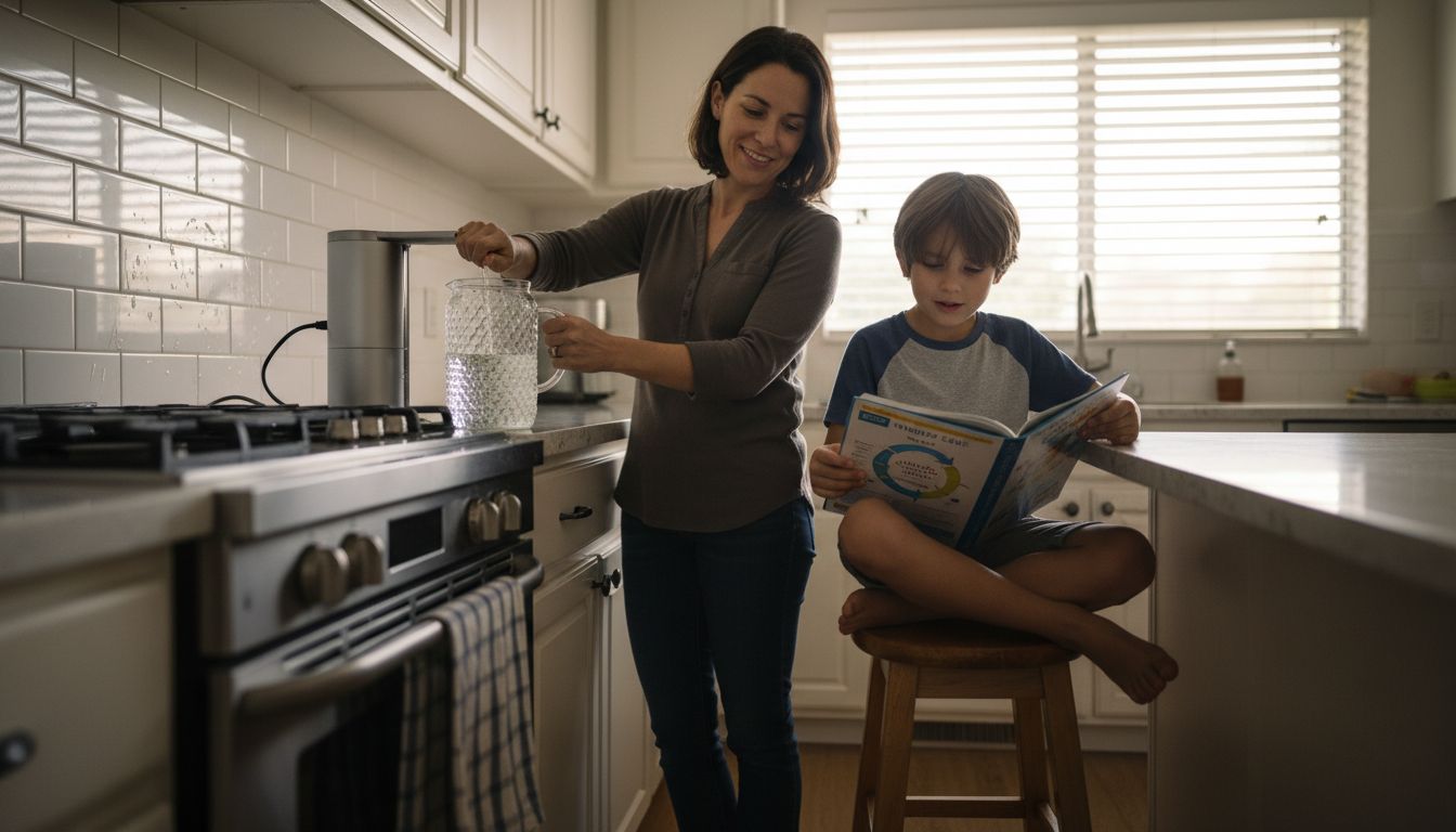 Family filling water pitcher at home purifier