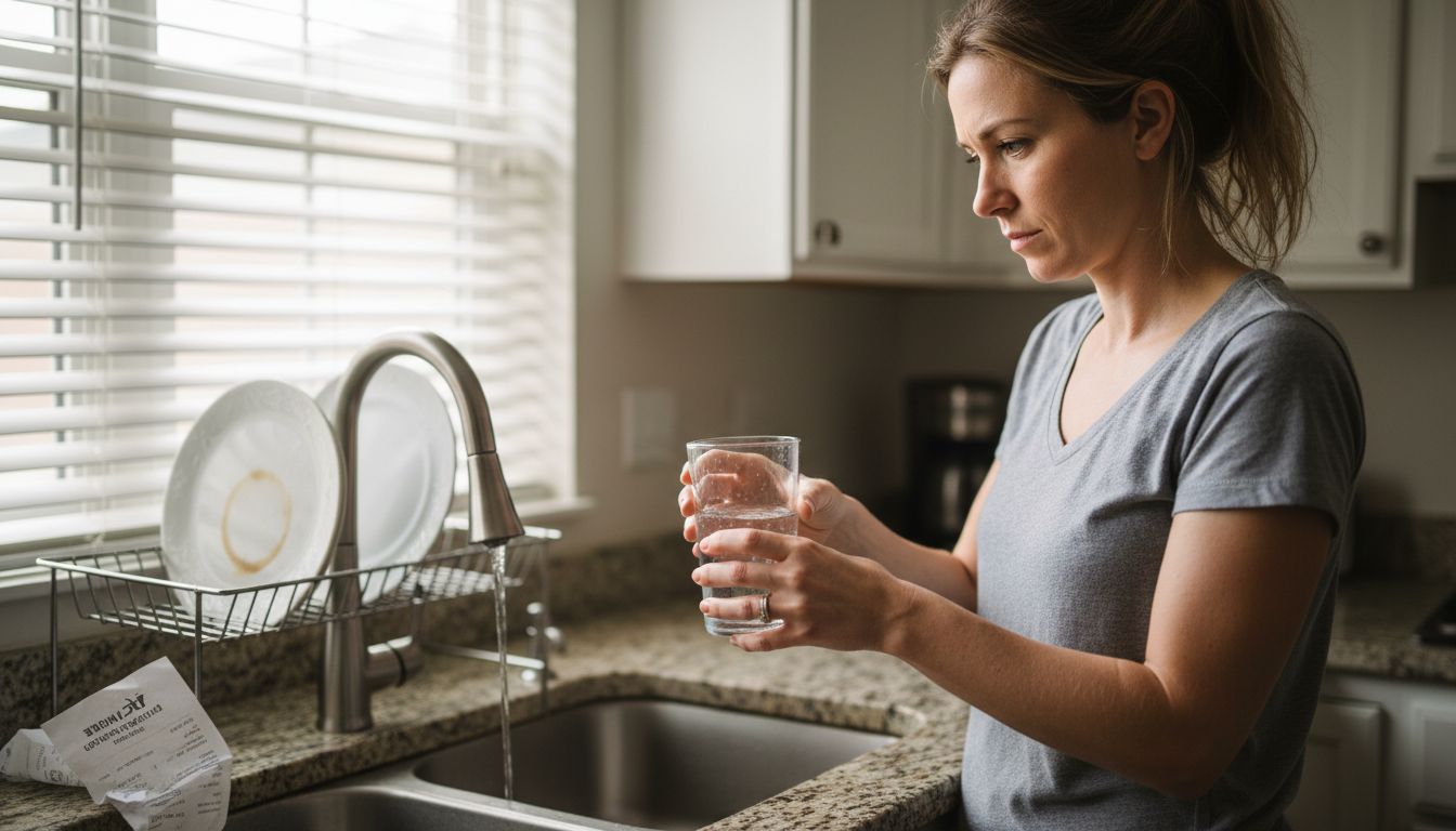 Woman testing filtered water in kitchen