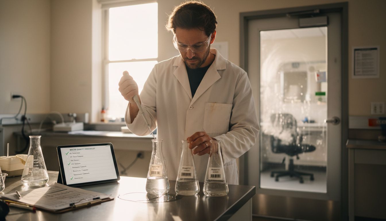 Lab technician inspecting water samples for standards