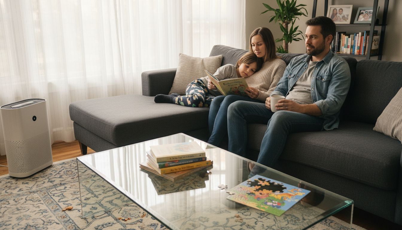 Family relaxing in living room with air purifier