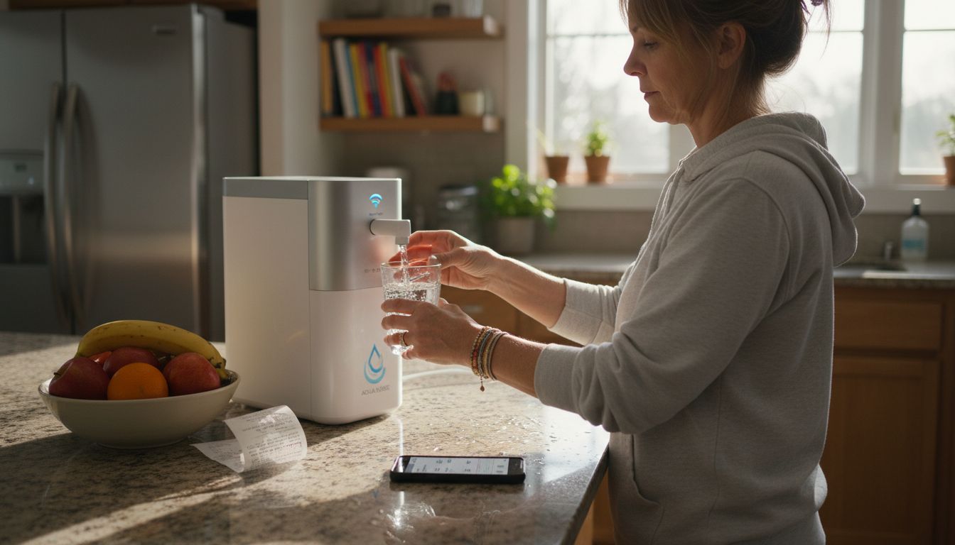 Woman using IoT water purifier in kitchen