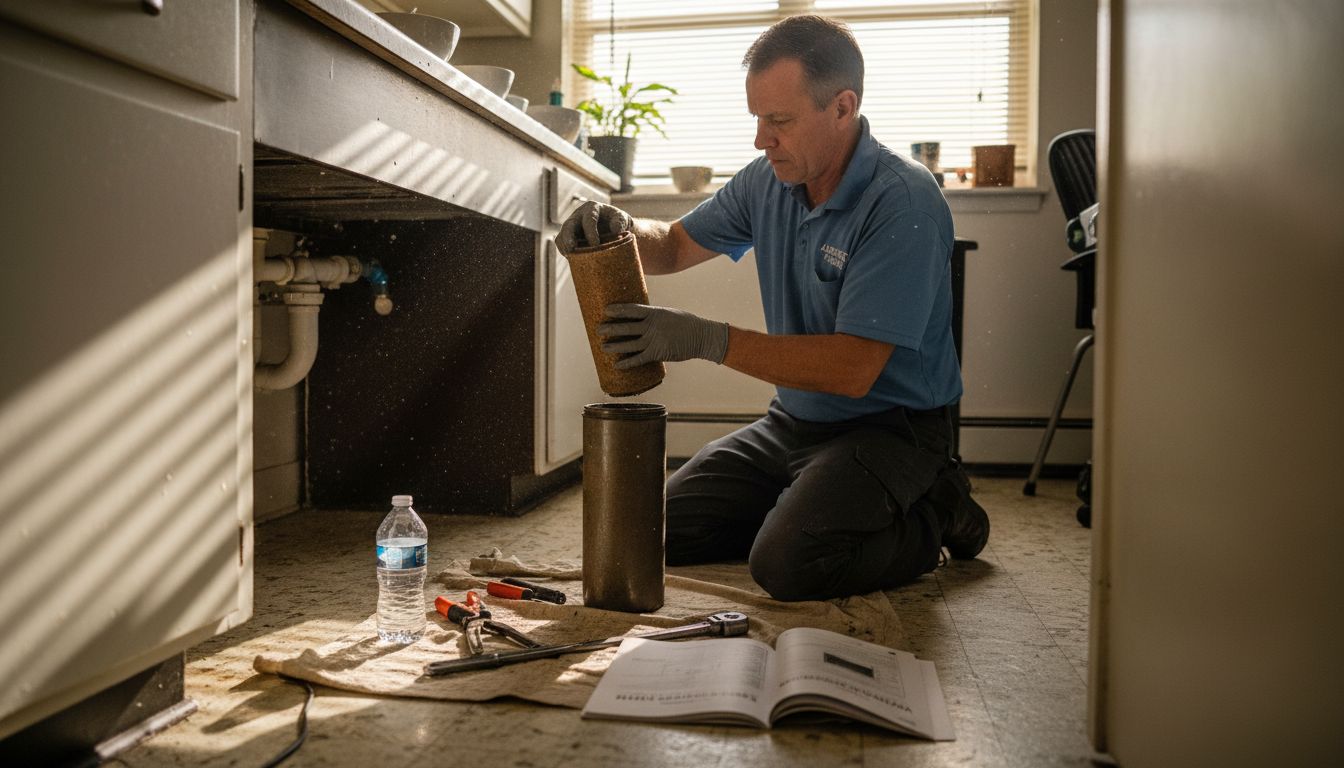 Technician inspecting dirty water filter under sink