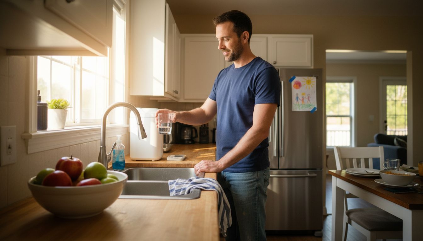 Family using water filter in home kitchen