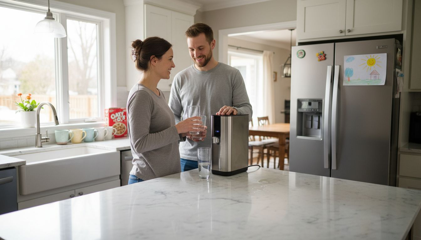 Couple using water purifier in home kitchen