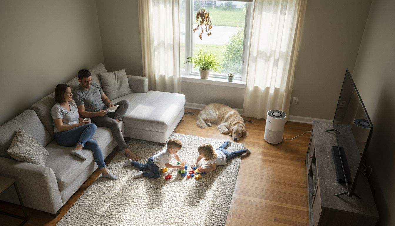 Family living room with visible indoor pollutants