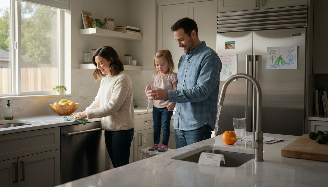 Family using plumbed-in water filter at kitchen sink