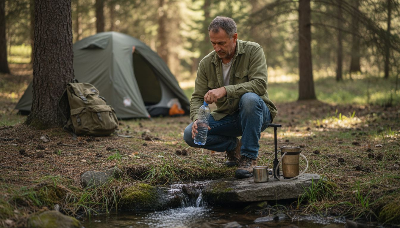 Collecting water at forest campsite for purification
