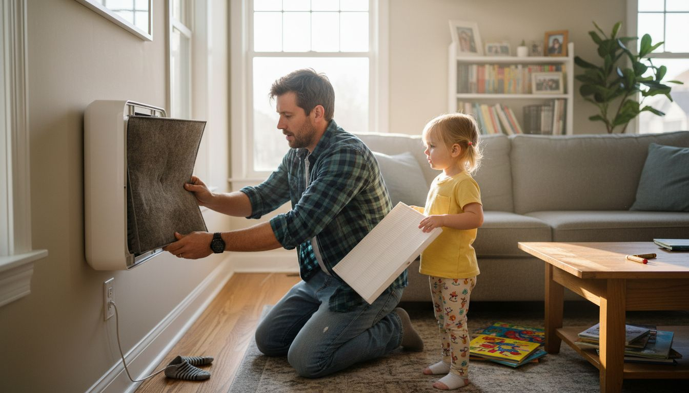 Family replaces dusty air filter at home