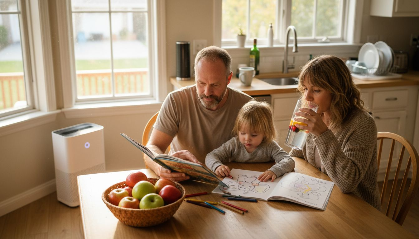 Family using air and water purifiers in kitchen