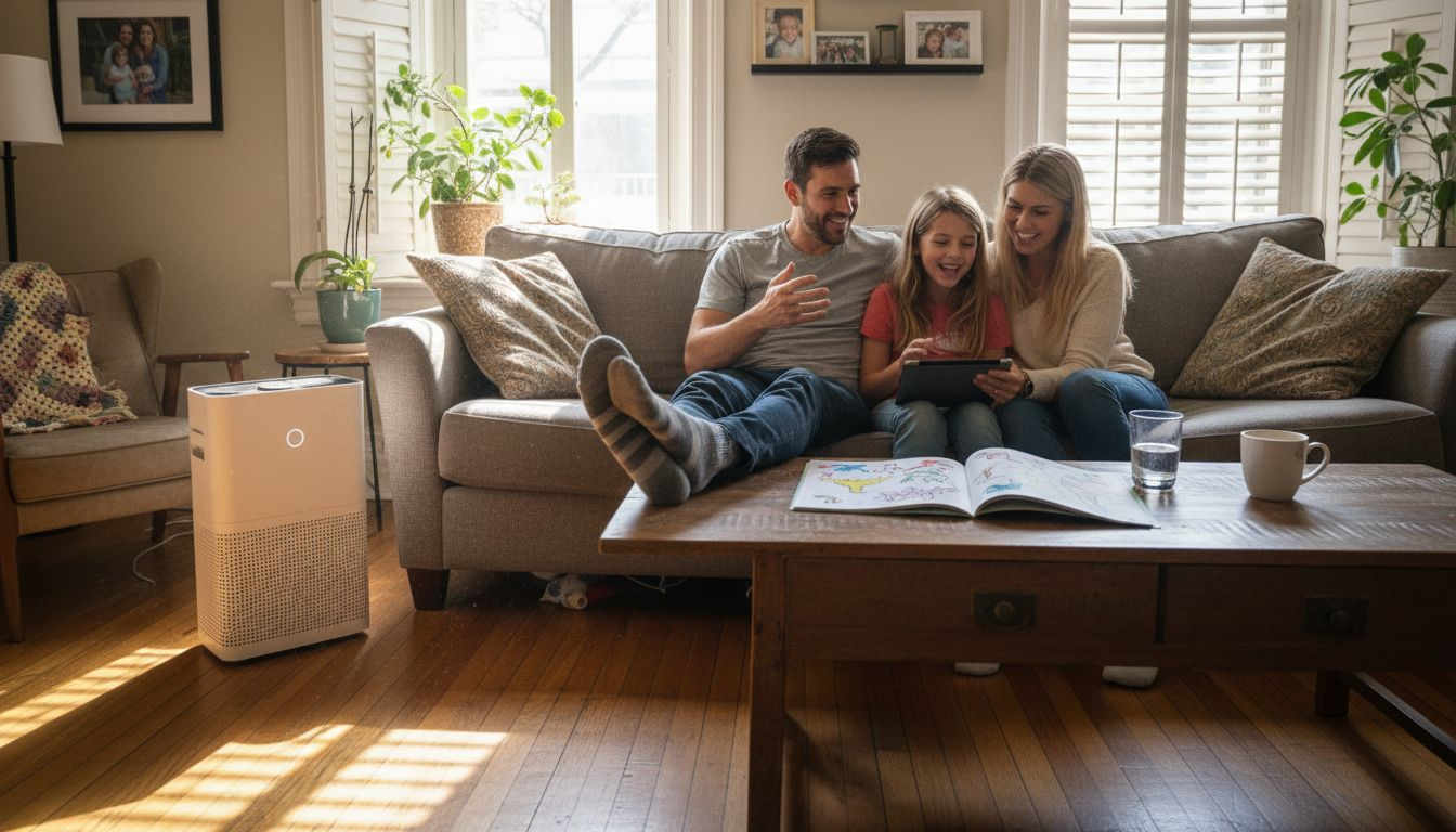Family in living room with air purifier