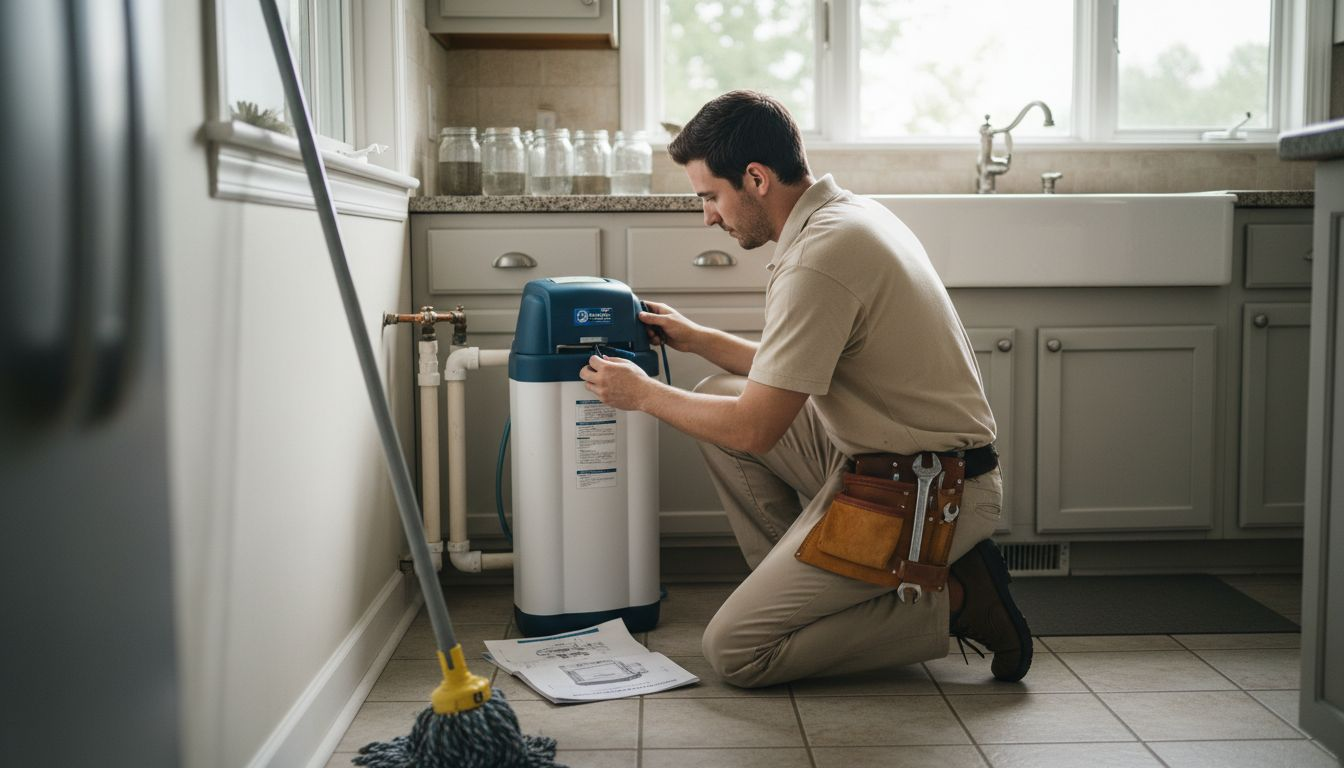 Plumber installing water softener in kitchen