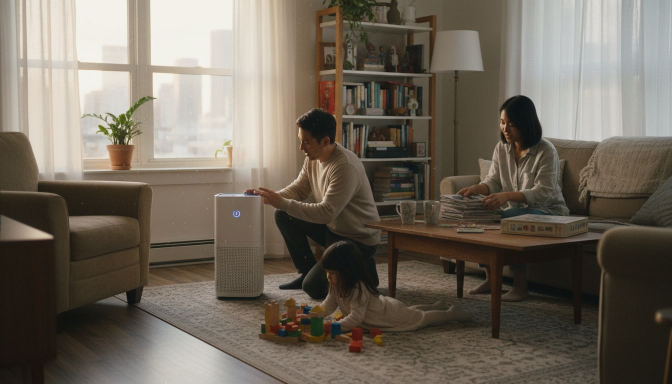 Family using air purifier in living room