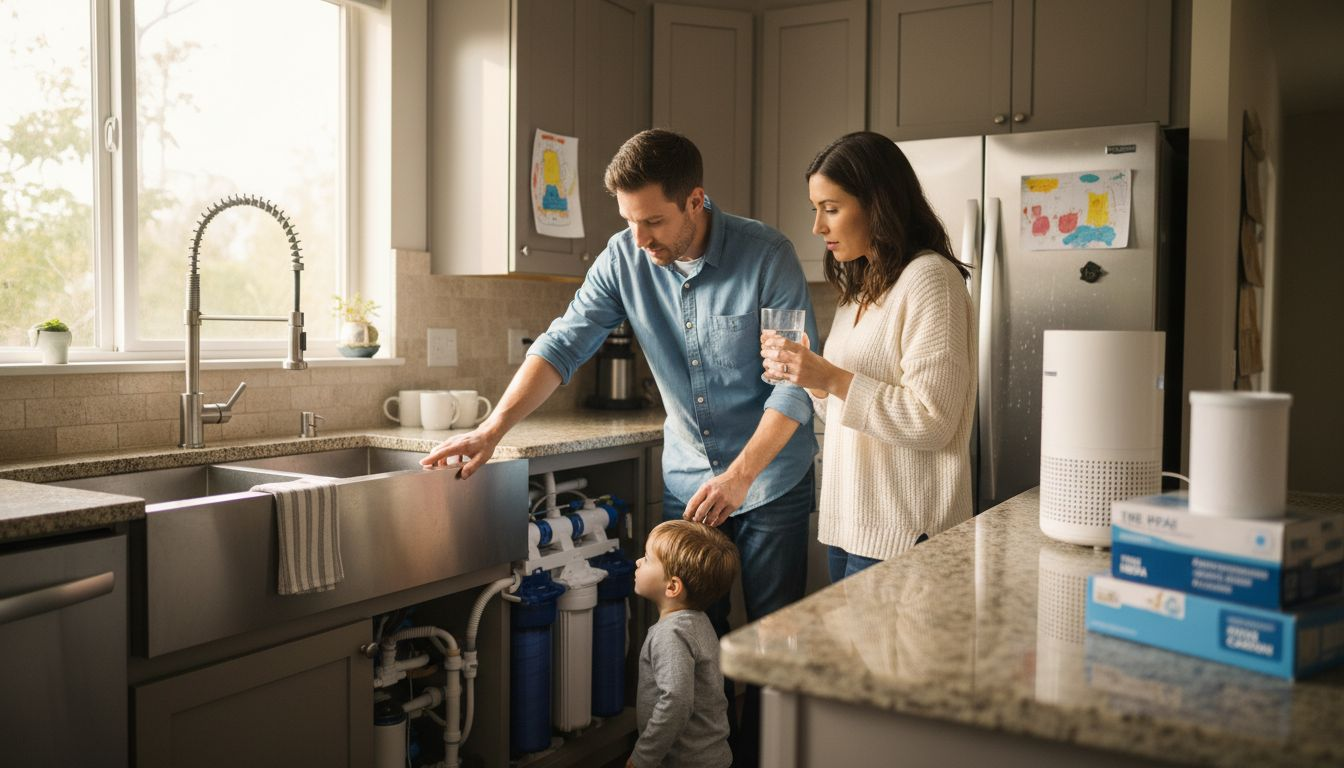 Family reviews water filtration system in kitchen