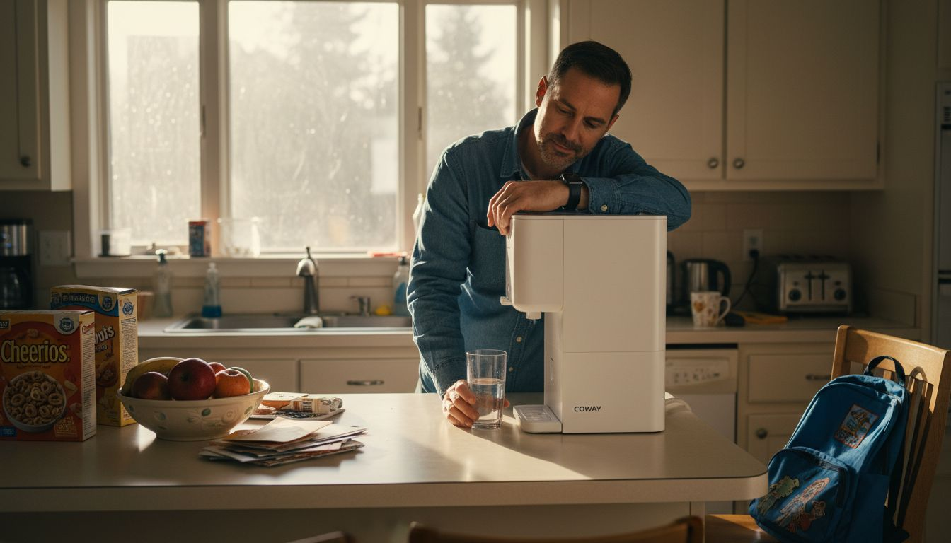 Father uses kitchen water filtration unit