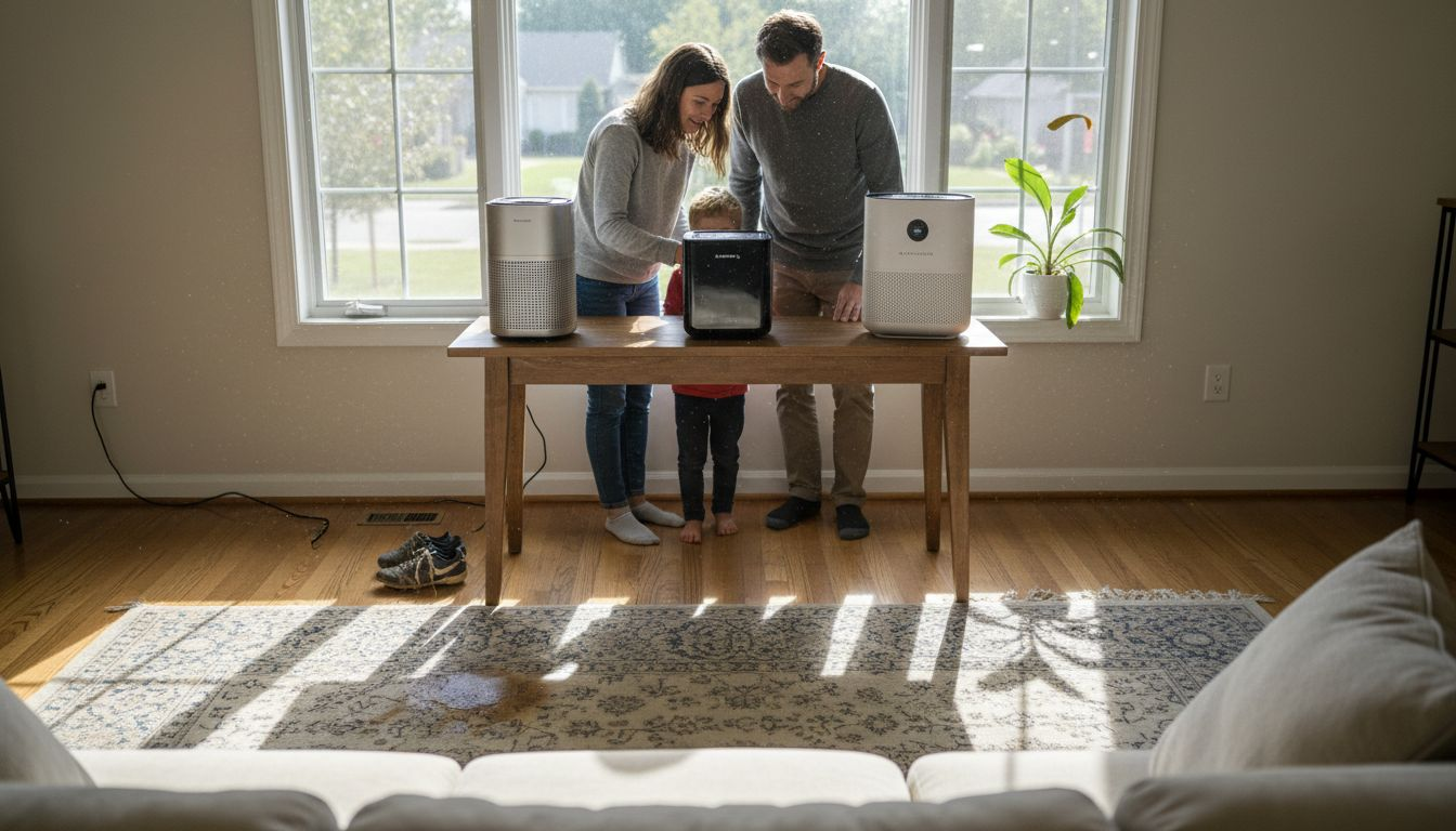Family looking at different home air purifiers in living room