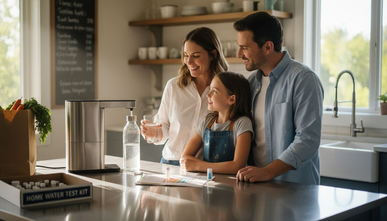 Family filling glass with filtered water in kitchen