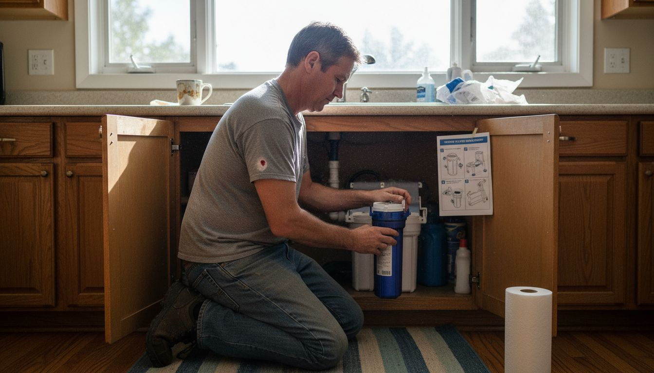 Man replacing filter under kitchen sink