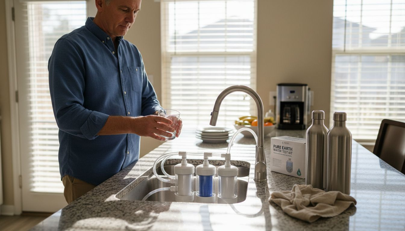 Man fills glass with filtered water in kitchen