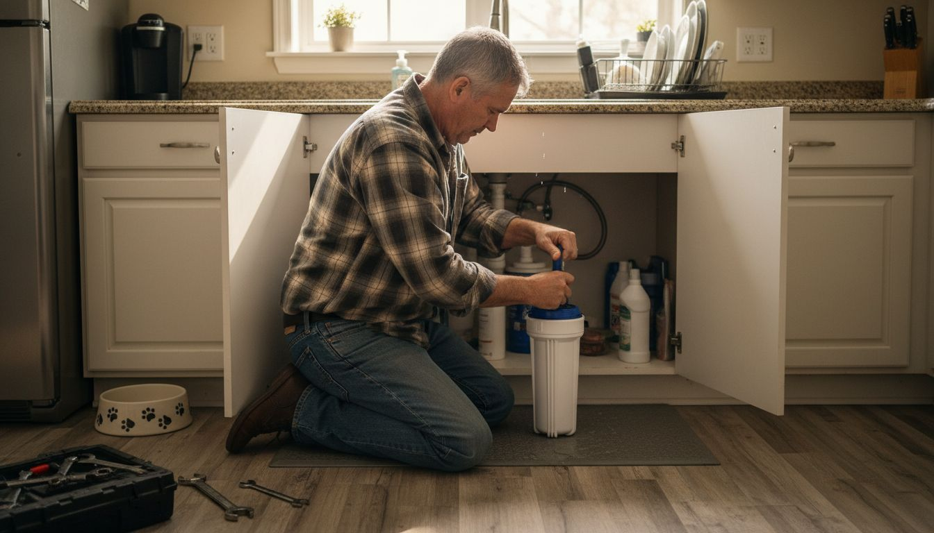 Homeowner replacing kitchen water filter