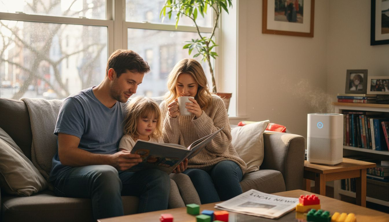 Family relaxing near air purifier in urban apartment