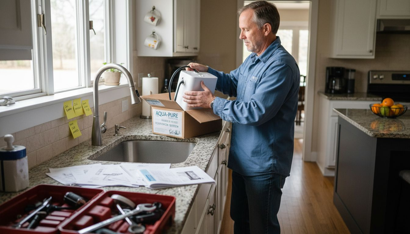 Homeowner unboxing water filtration system