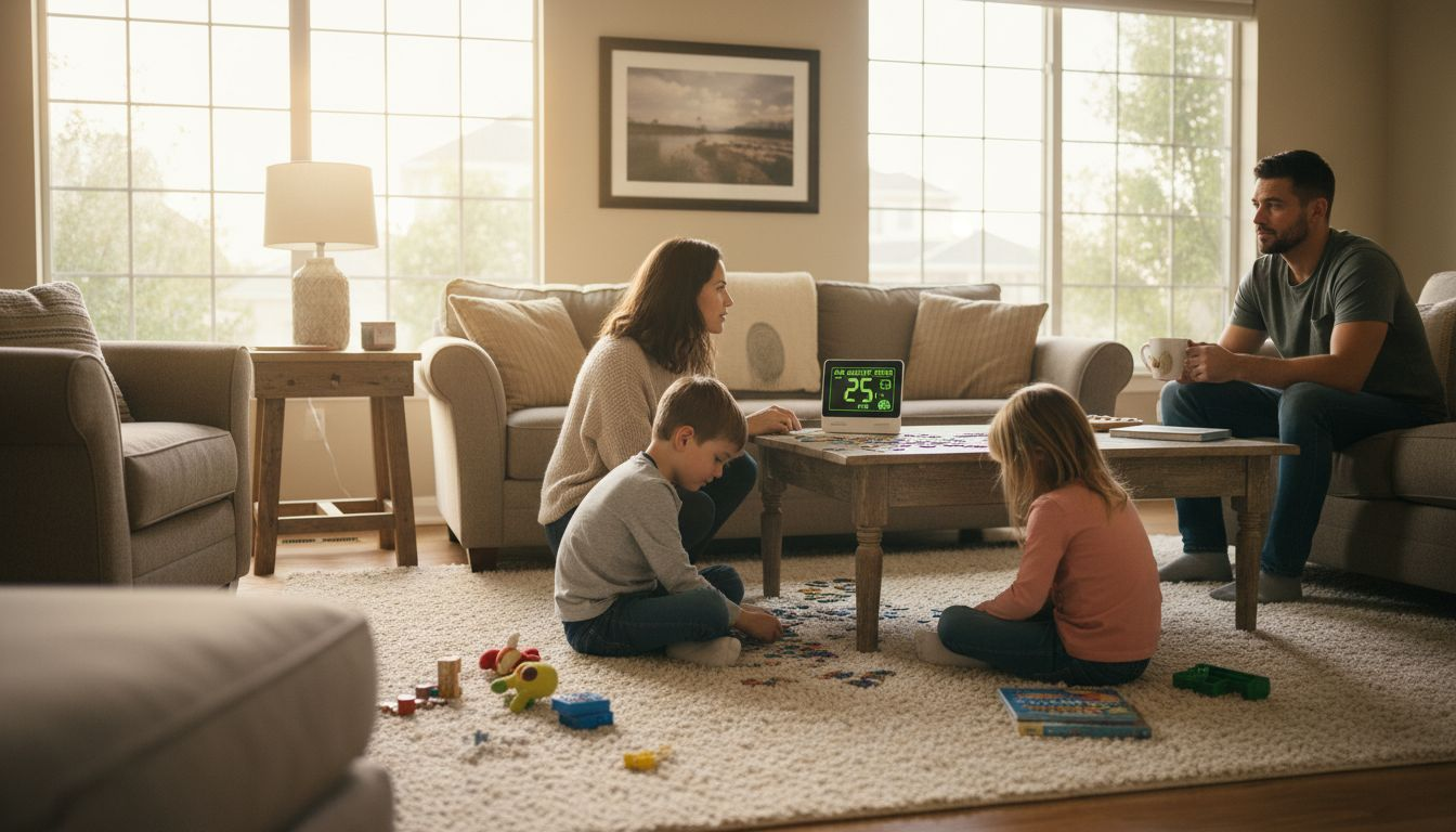 Family checking indoor air quality monitor