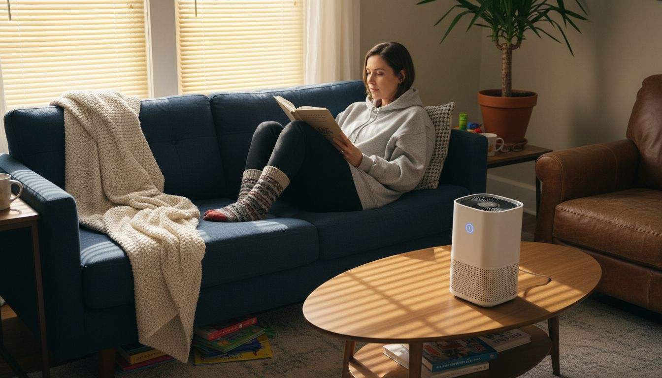 Family using air purifier in lived-in home