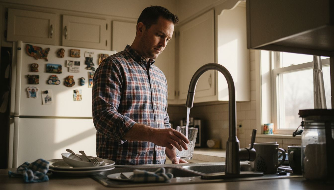 Man fills glass at kitchen water filter
