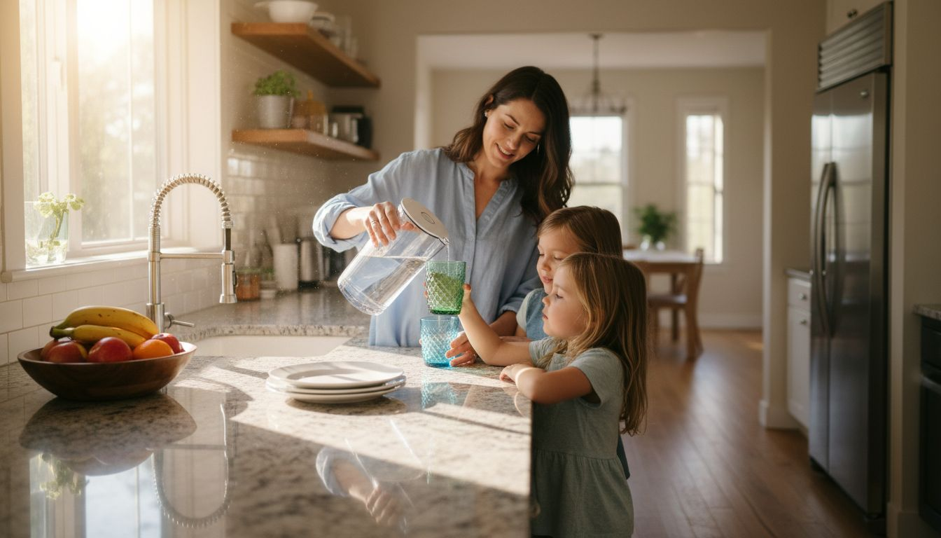 Family filling glasses at water filter