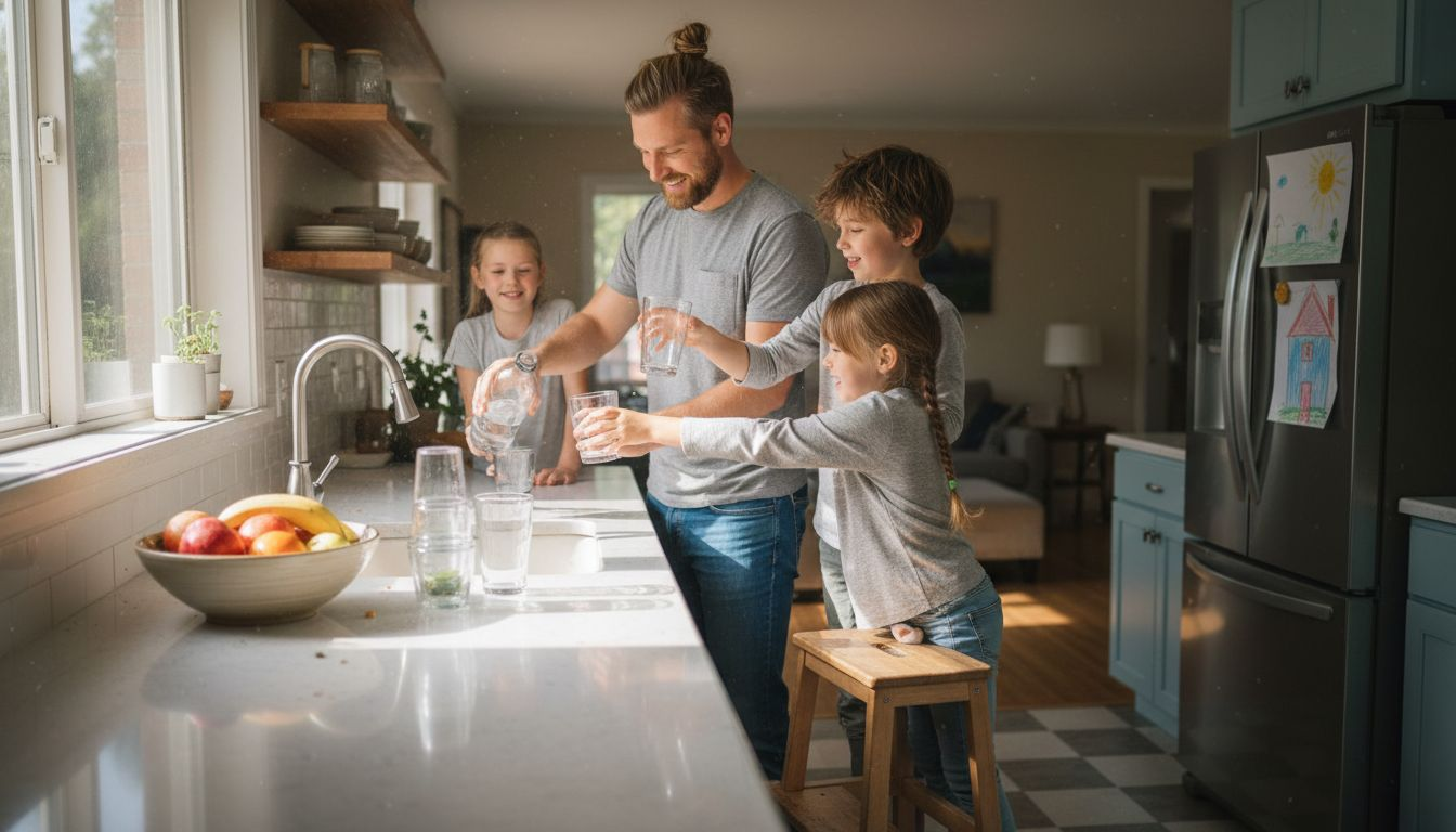 Family using water purifier in home kitchen