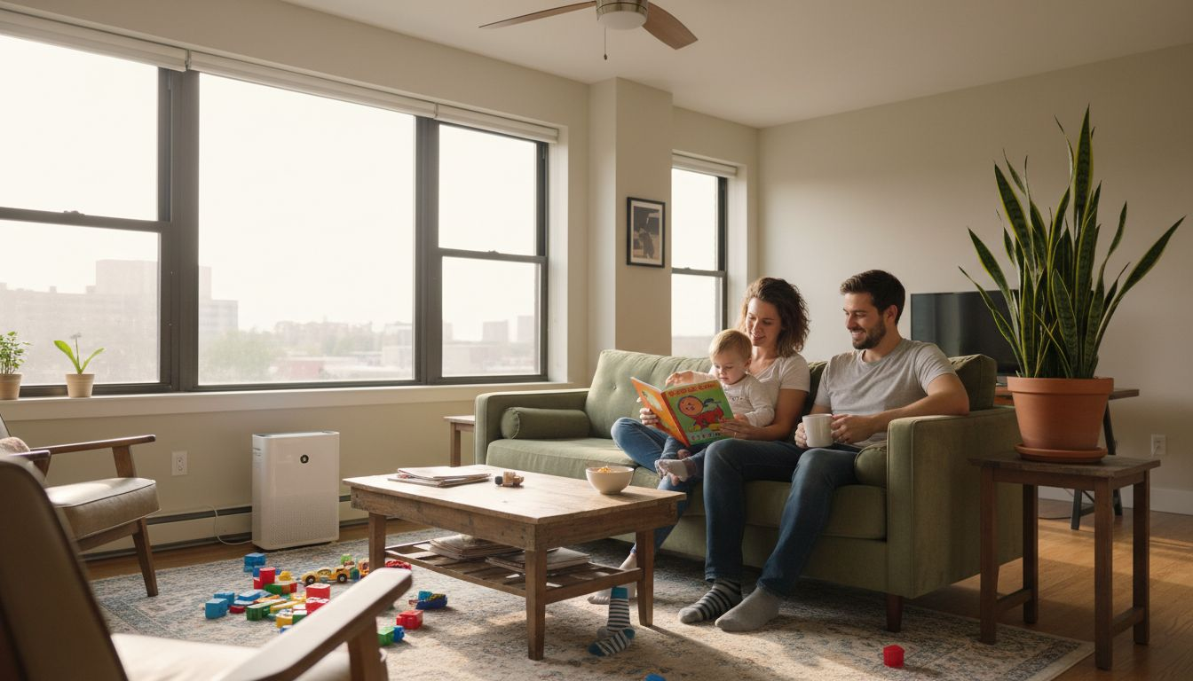 Family relaxes in airy, sunlit living room