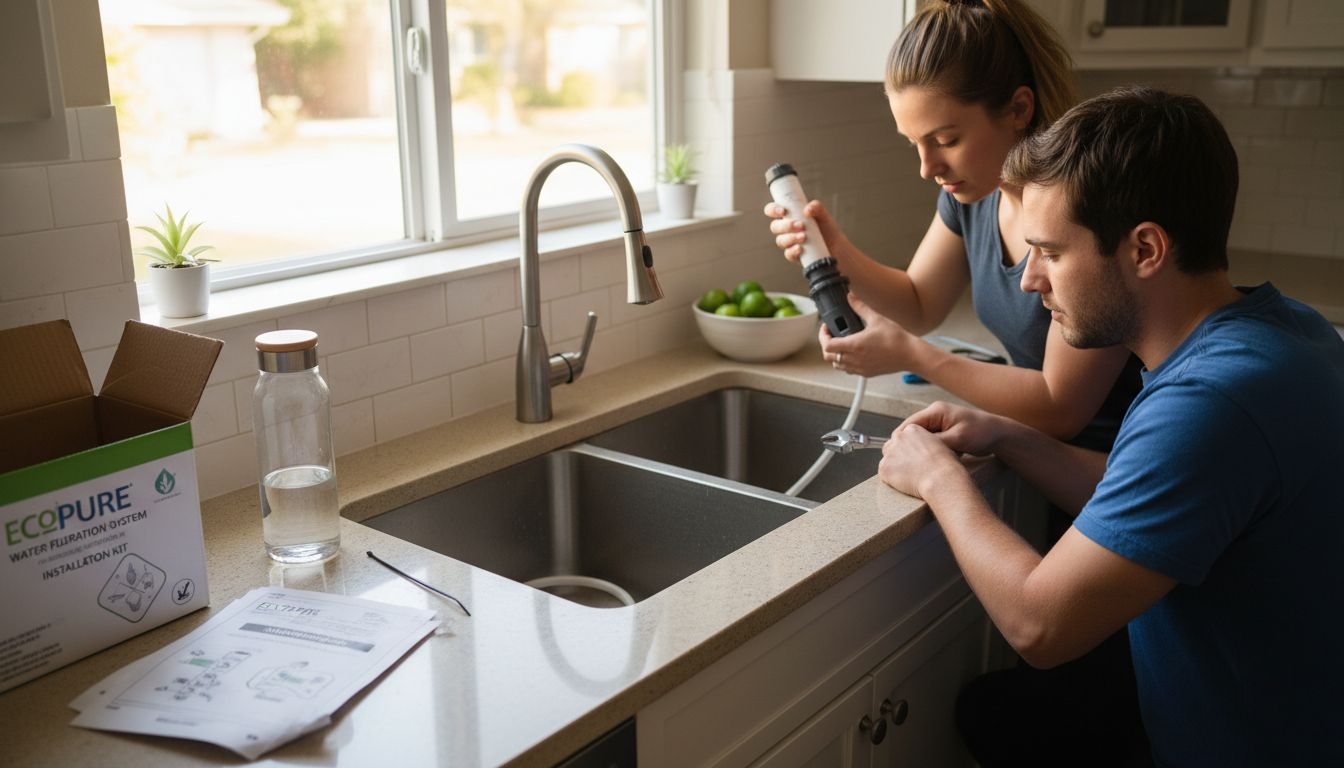 Couple installing eco filtration system