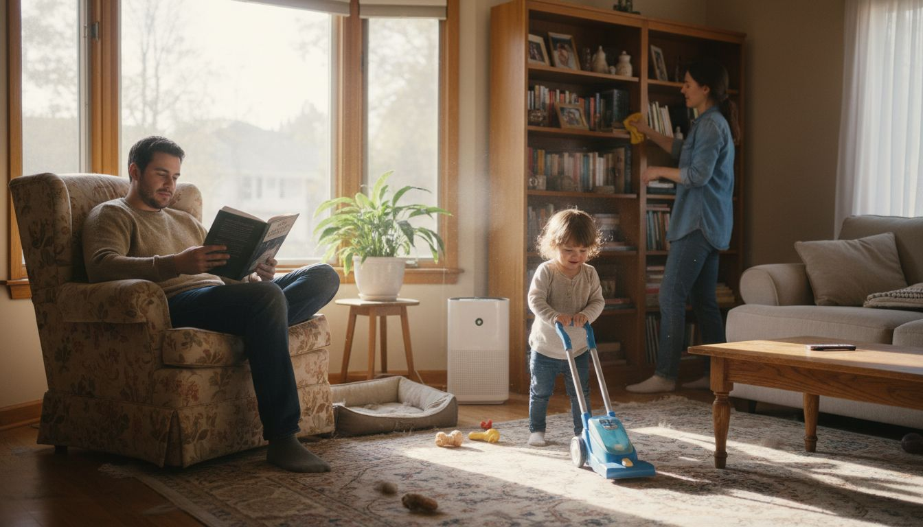 Family cleaning living room with air purifier