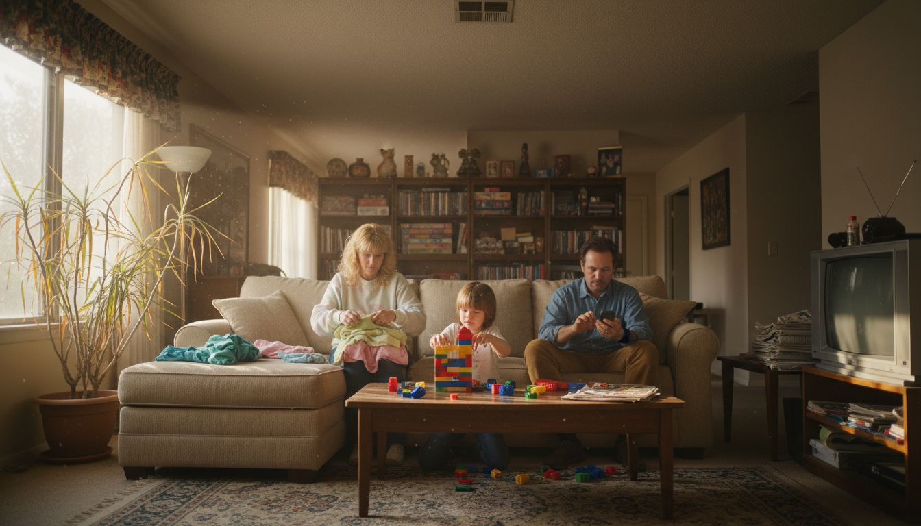 Family in living room with visible dust sunlight