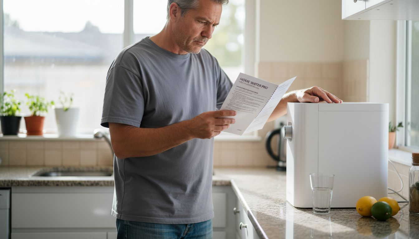 Man checking home water purifier maintenance instructions