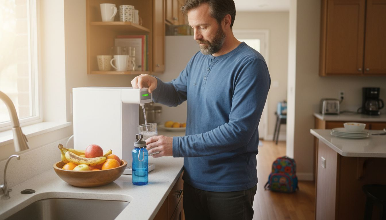 Dad using UV water sanitizer at home