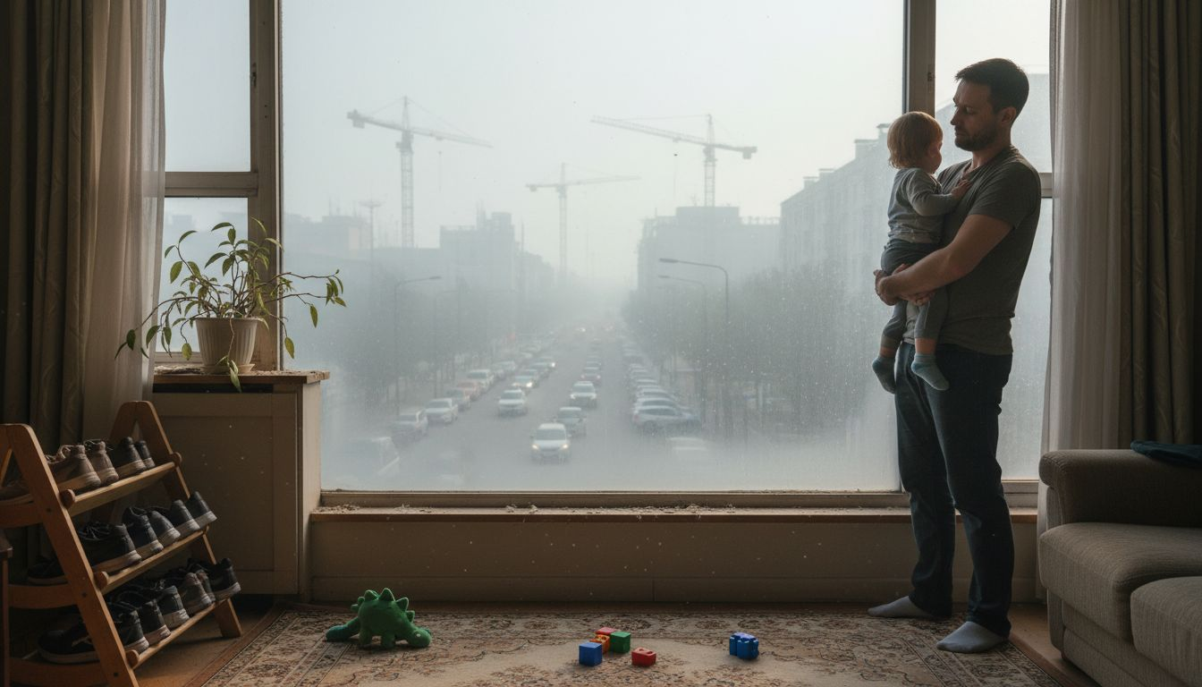 Parent with child observing city pollution through window