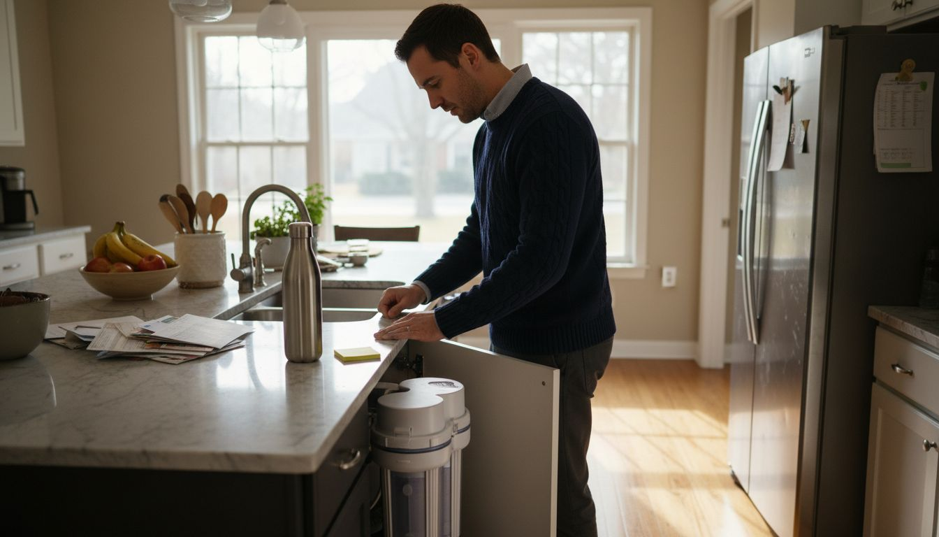 Homeowner inspecting water filter under sink