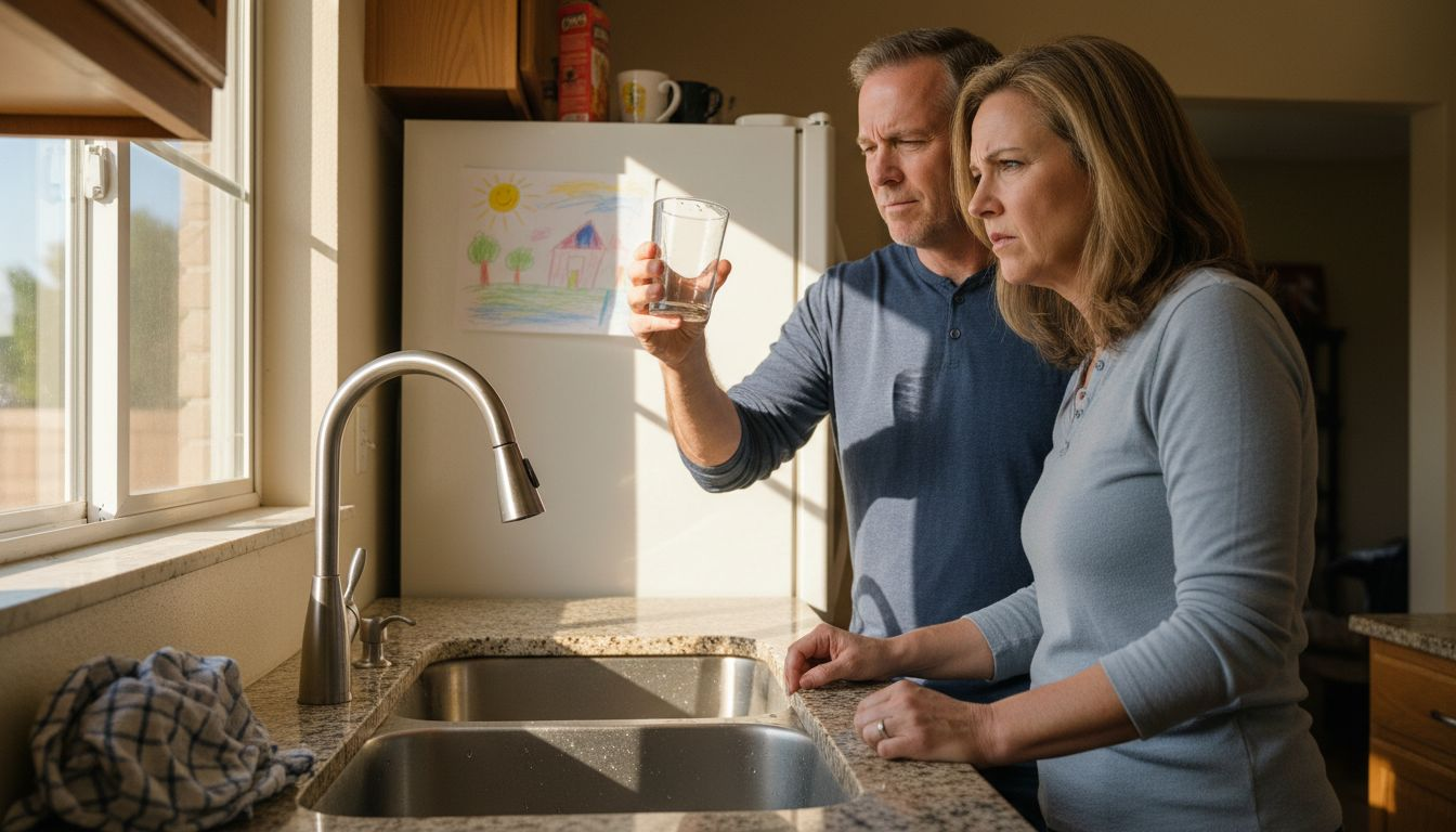 Family inspecting tap water in kitchen