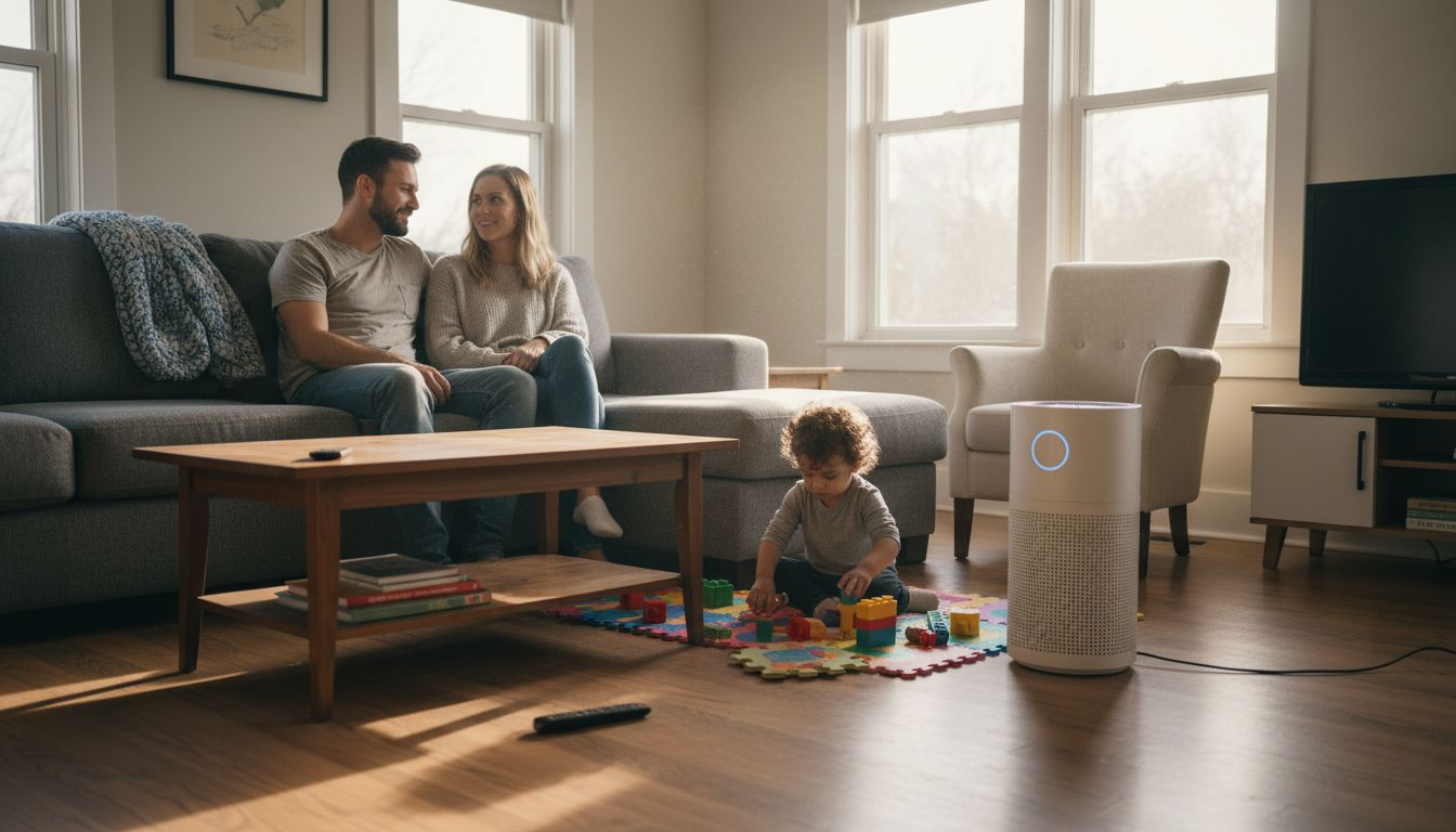 Family relaxing in living room with air purifier