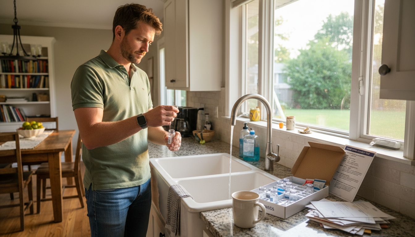 Homeowner testing tap water at kitchen sink