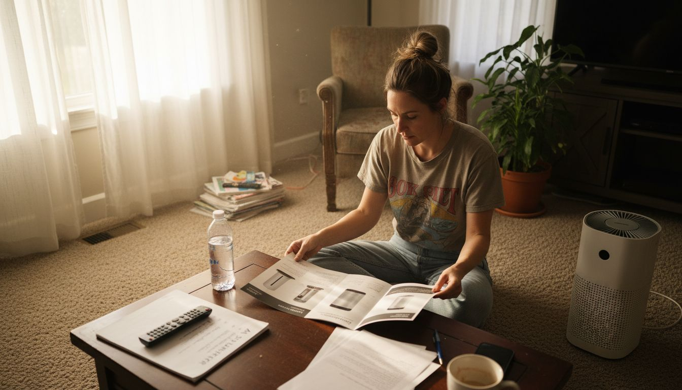 Woman comparing air purifier choices in living room