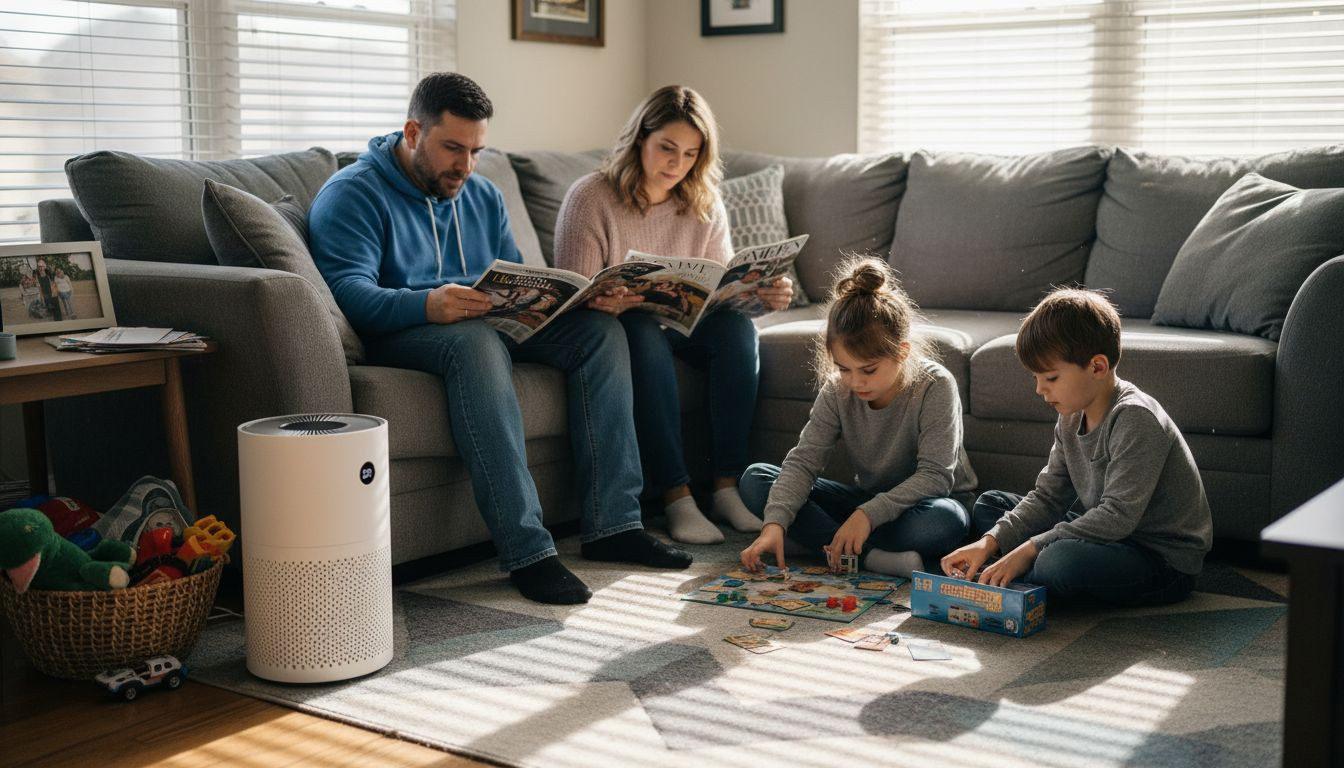 Family relaxing with smart air purifier in living room