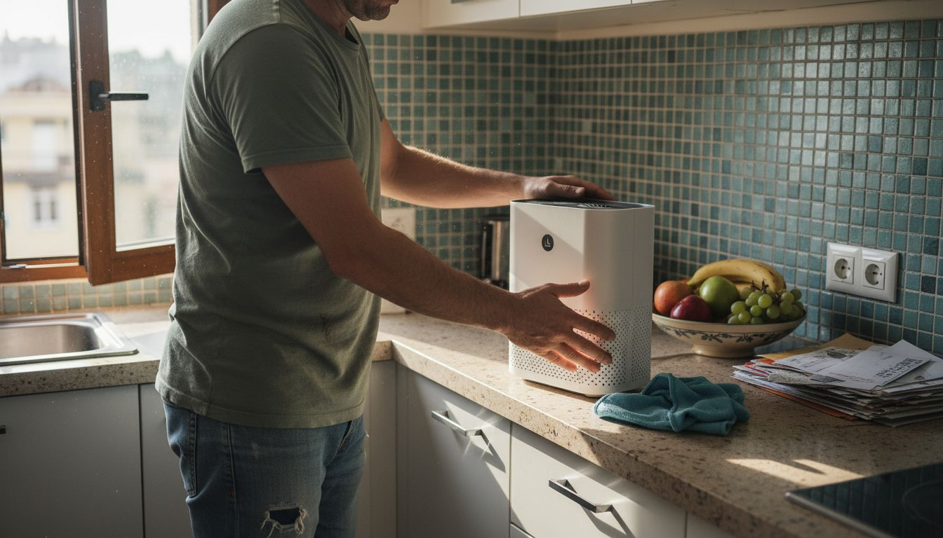 Man preparing air purifier for cleaning on kitchen counter