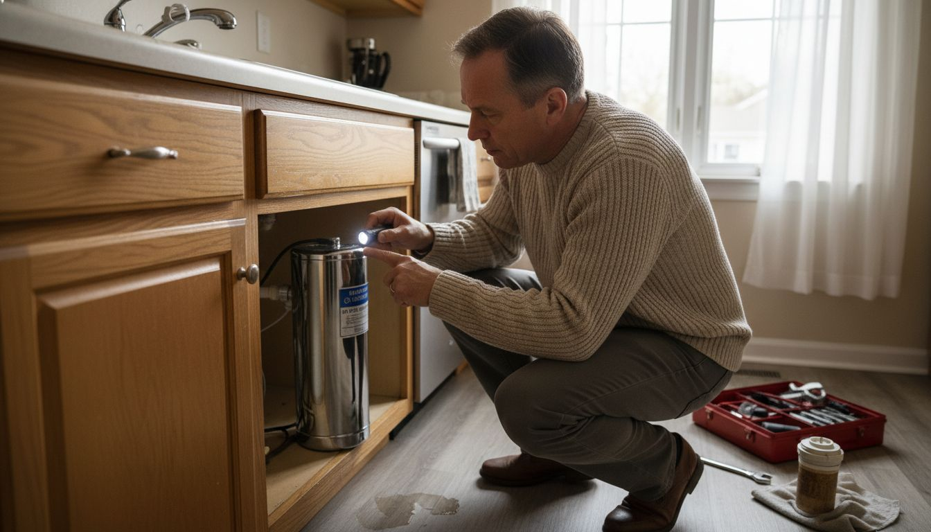 Homeowner checks under-sink microfiltration unit