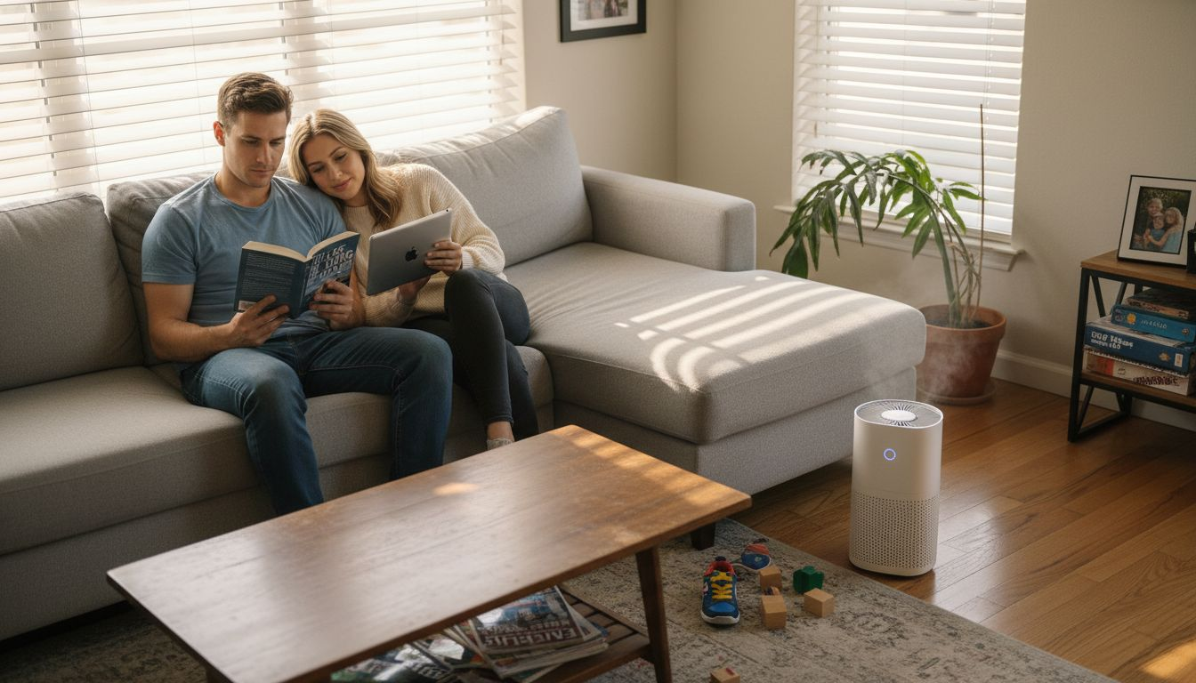 Couple in living room with air purifier